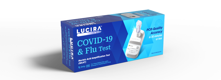 A shot of the LUCIRA® by Pfizer product box, which is light and dark blue with the white device on the front of the box.