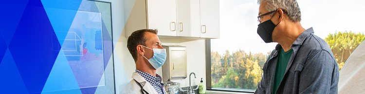 A masked doctor in a medical room looks off into the distance as blue graphic triangles fade in from the left.