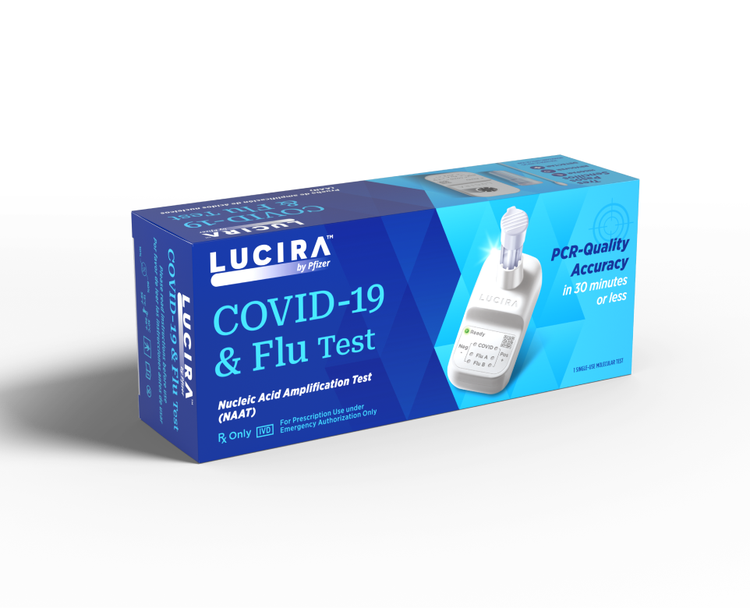 A shot of the LUCIRA® by Pfizer product box, which is light and dark blue with the white device on the front of the box.