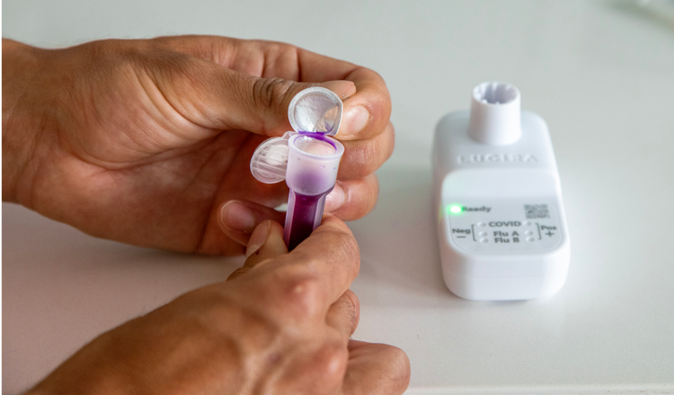 A pair of hands hold a vial with purple solution while the white device with a green Ready light sits on a surface.