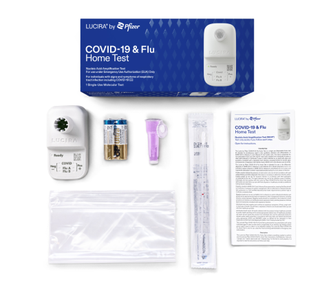 An image of the packaging and all the contents for the LUCIRA® by Pfizer COVID-19 & Flu Home Test laid out on a white surface.