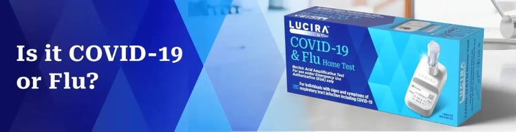 An image of the LUCIRA® by Pfizer COVID-19 & Flu Home Test packaging next to text that reads "Is it COVID-19, flu, or both?