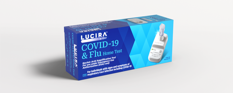 An image of the LUCIRA® by Pfizer COVID-19 & Flu Home Test packaging box, sitting on a white surface.