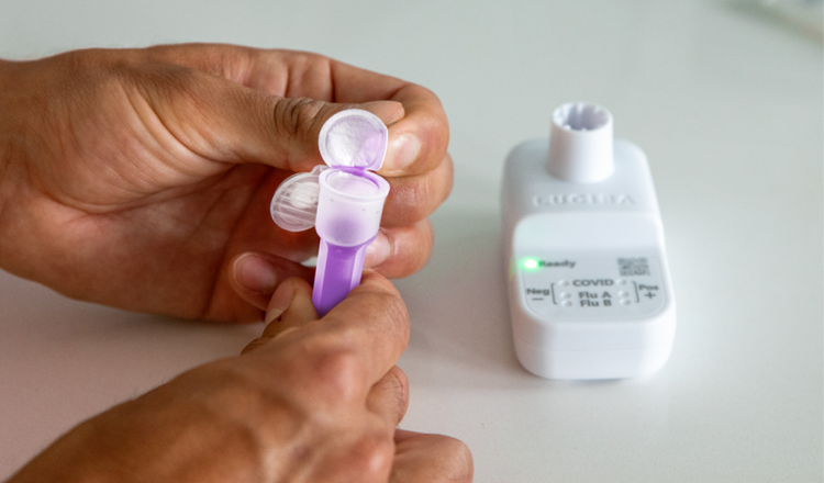 A pair of hands hold a vial with purple solution while the white device with a green Ready light sits on a surface.