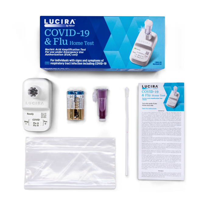 An image of the packaging and all the contents for the LUCIRA® by Pfizer COVID-19 & Flu Home Test laid out on a white surface.