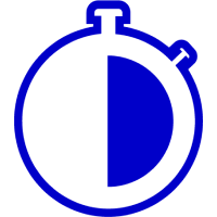 A blue and white icon of a stop watch.