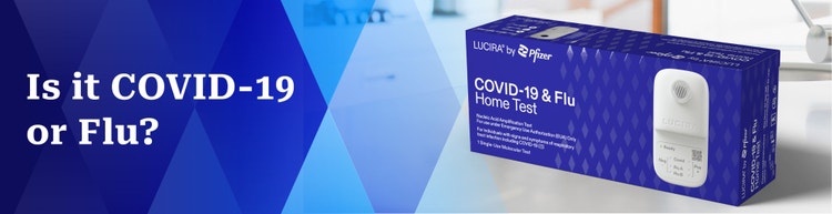 Flu Home Test packaging next to text that reads &quot;Is it COVID-19, flu, or both?