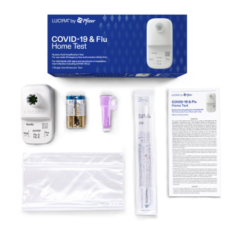 An image of the packaging and all the contents for the LUCIRA® by Pfizer COVID-19 & Flu Home Test laid out on a white surface.