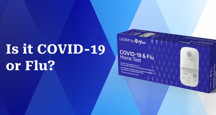 Flu Home Test packaging next to text that reads &quot;Is it COVID-19, flu, or both?