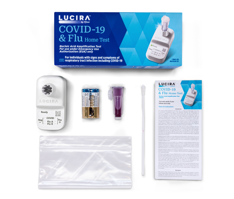 An image of the packaging and all the contents for the LUCIRA® by Pfizer COVID-19 & Flu Home Test laid out on a white surface.
